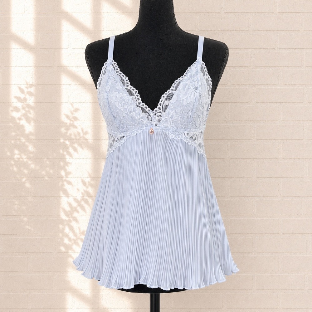 Light Blue Lace Pleated Babydoll Cami Top Size M Fairy Y2K Romantic Lingerie‎